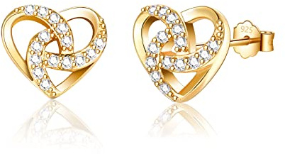 Boucles d'oreilles en argent 925 et or 925 - Petites boucles d'oreilles en forme de cœur en argent avec zircone AAA et diamant - Boucles d'oreilles dorées pour femme et fille, Argent sterling, Diamant