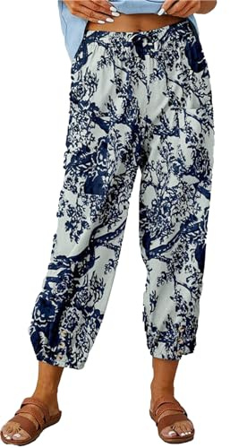 ASKSA Pantalon 7/8 Femme Été Lin Ample Longueur Pants Cordon pour Décontracté à Jambes Léger en avec Poches