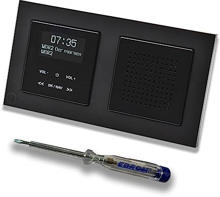 Merten Unterputz DAB+ und Bluetooth Radio MEG4375-0303 mit Lautsprecher in schwarz glänzend, edel abgestimmt mit einem M-Pure schwarz matt Rahmen, inkl. EBROM Phasenprüfer zur Montage der Geräte