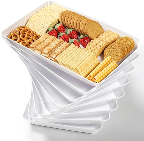 8 Pack, 16 x 11 Large White Serving Trays Set - Reusable Plastic Serving Platters for Cookie, Appetizer, Charcuterie, Snack, Dessert, Party Food Display - Stackable Kitchen CounterTop Tray, BPA Free