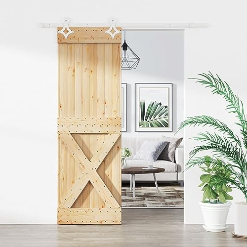 Baziroo Schiebetür mit Beschlag Weiß 70x3,6x210 cm Massives Kiefernholz und Stahl Wohnzimmertuer Zimmertüren Scheunentor Holztuer Innentüren Wooden Door Sliding Door Schibetür