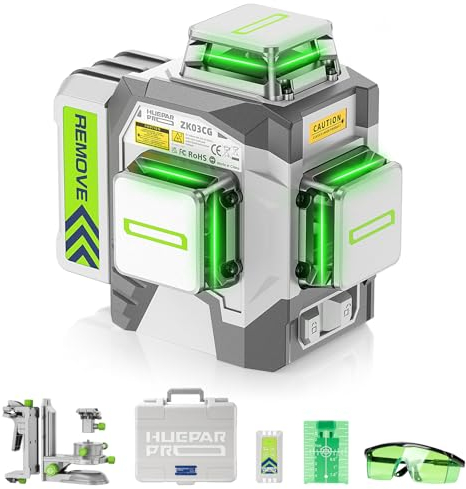 Huepar Pro Nivel Láser Cruzado de Línea 360° autonivelante, láser profesional verde de alta precisión en 3D con batería recargable de Li-Ion de 8000mAh Soporte Microajustable Multifunción ZK03CG