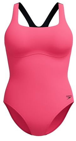 Speedo Women's Flex Band Swimsuit with Integrated Swim Bra | Swim Fitness | Training, Raspbery Fill/Vermilion/Punch, 38