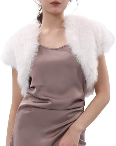 Amazhiyu Women Faux Fur Gilet Vest, Sleeveless Faux Fur Bolero Shrug Cap Sleeve Crop Cardigan Open Front Cardigan for Evening Dress