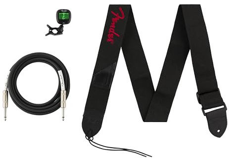 Fender All-in-One Accessories Bundle, Includes 10ft Instrument Cable, FT-1 Clip-On Tuner, and Durable Polyester Strap, Suitable for All Players