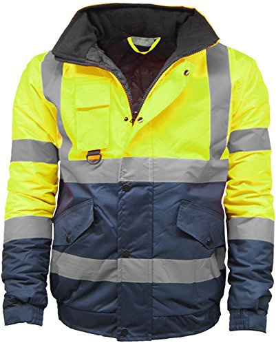 AR Paris Fashions Hi Vis Viz Bomber Jacket High Visibility Workwear Safety Security Hooded Padded Waterproof Taped Seams Work Wear Coat Top (Yellow Navy, Large)