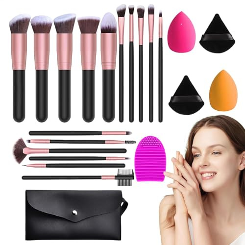 Makeupborstset – 20 stycken kosmetiska och svampar, professionella borst, foundationborstkit | komplett set med sminkverktyg, ögonskuggsblandningsborstar, ansiktshölje