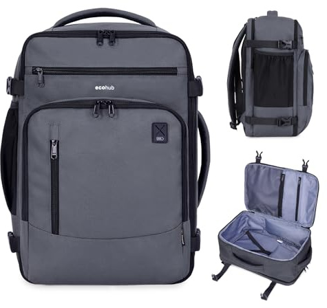 ECOHUB for Ryanair Cabin Bags 40x20x25, Underseat Hand Luggage Backpack with Laptop Compartment, Recycled Travel Carry on Bag, Flight Rucksack with Anti-Theft Pocket, Patented, Grey-20L