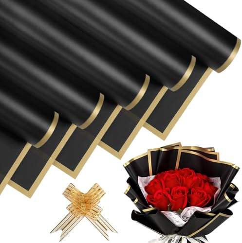 Kisvic Lot de 20 feuilles de papier cadeau pour bouquet de fleurs, imperméable, bord doré avec ruban pour emballage cadeau, artisanat, bouquets, festival, mariage, 58 x 58 cm, noir