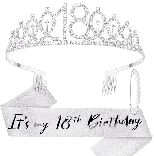 DRESHOW 18 Compleanno Corona e Fusciacca per le Donna 18 Compleanno Ragazza Sash & Strass Tiara Set Decorazioni di Accessori per Capelli Sash Glitter per la Festa