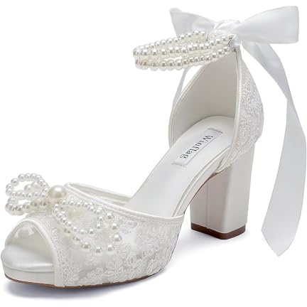 Winflag Lace Pearl Wedding Shoes for Bride High Heel Bridal Shoes Peep Toe Platform Wedding Heels-White 2-8