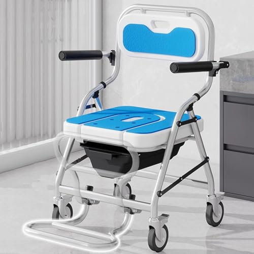 Silla Ducha WC con Ruedas Plegable, 4 en 1 Silla De Ruedas para Ducha e Inodoro Cómoda, Blancos Taburete de Ducha Portátil con Inodoro para Personas Mayores y discapacitadas, Carga Máxima 150 kg