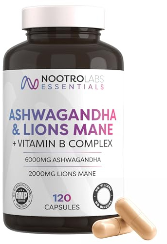 Nootro Essentials Ashwagandha & Lion's Mane Capsules 6000mg, High Strength Mushroom Supplement for Focus, Calm & Stress Support (60 Servings - 2 Capsules Daily)