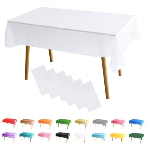 MOMAHUA 6-pack vita bordsdukar, festdukar, 137 x 274 cm rektangulära bordsskydd, stor avtorkningsbar plastbordsduk fest för picknick, baby shower, halloweenfest, juldekoration
