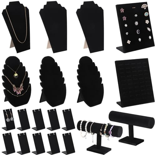 SWEWARM 20 PCS Jewelry Display Set, Black Velvet Necklace Bust Stand, Plastic Earring Cards, T Bar Bracelet Holder, Ring Display Rack, for Jewelry Organization, Store Showcase, Trade Show Table