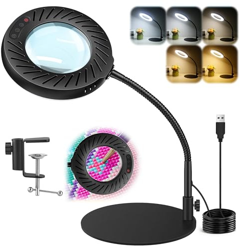 Akynite 12X Lente Ingrandimento con Luce da Tavolo, 2A Adattatore incluso, 5 Modalità Colore 9 Luminosità, Lente da Tavolo con Luce per Lavori di Precisione Ricamo Modellismo Unghie, Base Stabile