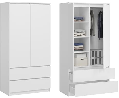 BDW Monia Armadio con 2 ante e 2 cassetti, opaco, 4 ripiani, guide a rulli in metallo, per camera da letto, guardaroba, ufficio (bianco, 180 x 90 x 50 cm)