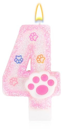 Goktvai Velas Cumpleaños Perros y Gatos, Velas de Cumpleaños Rosas con Números Decoraciones para Pasteles con Huellas Patas Adecuadas para Fiestas de Celebración Temática Mascotas (4)
