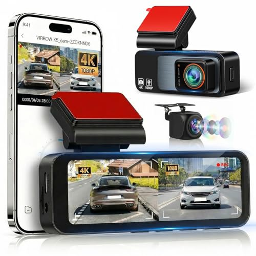 4K Dubbel Dash Cam För och Bak, 3,16 Skärm Dashcamera för Bilar med GPS och WiFi, 150° Vidvinkel, Nattsyn, G-Sensor, Parkeringsövervakning, Slinginspelning, Inkluderar 64GB-kort & 1080P Backkamera