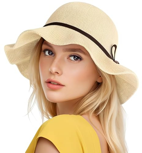 Cappello da Sole Donna UPF 50+ Protezione UV Moda Cappello Estivo con Tesa Larga Cappelli da Spiaggia Pieghevole Elegante Sun Beach Hats con a Fiocco per Viaggio Vacanze Esterni (Beige)