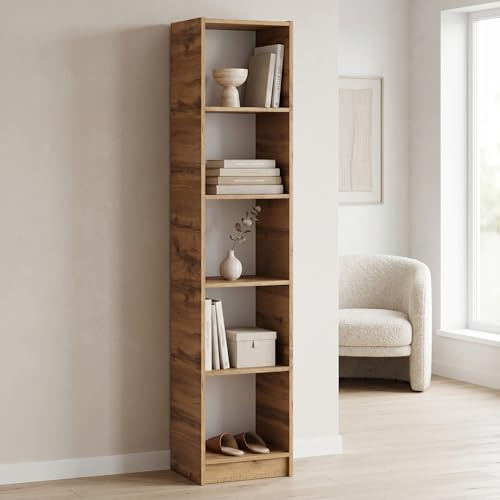 Happy Babies Libreria stretta 40 x 183 cm, bianco, scaffale alto per raccoglitori, armadio multiuso aperto per nicchie, scaffale in legno con ripiani (rovere Votan)