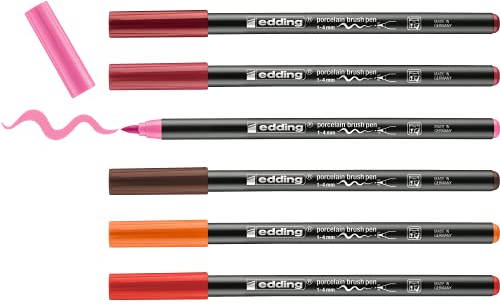 edding 4200 Brush Pen per Porcellana, Multicolore, 6 Penne, Punta 1-4 Mm, per Dipingere e Decorare Ceramica, Porcellana, Lavabile In Lavastoviglie, Asciugatura Rapida