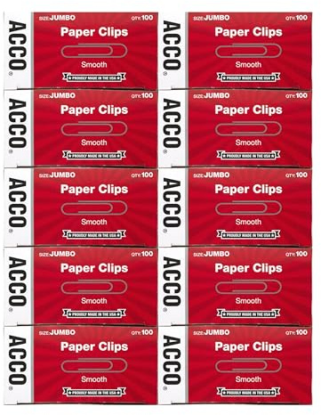 ACCO Brands Paper Clips, Jumbo, Smooth, Economy, 10 Boxes, 100/Box (72580)