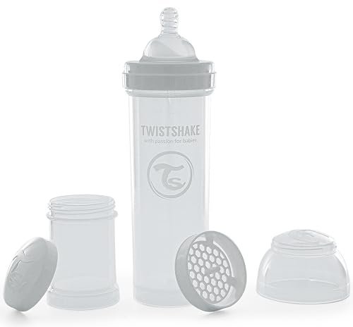 Twistshake Biberón Anticólicos con Recipiente para Leche y Mezclador, 330ml | Tetina Silicona Flujo Rápido Forma Pecho | Sin BPA | Para Bebés Mayores de 4 Meses | Blanco