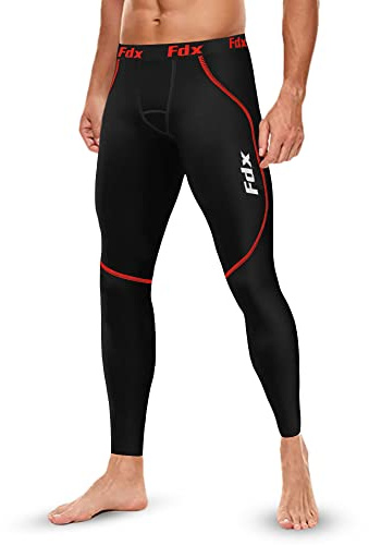 FDX Men’s Super-Thermal Compression Tights, Highly Breathable Lightweight Leggings Elastic Cool Quick Dry Base Layer Bottom Trouser for Running Gym, Workout Training Exercise Fitness (Red, Medium)