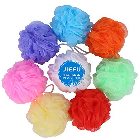 Bath Sponges, Small Size Colorful Shower Sponges Exfoliating Mesh Pouf Bath Ball Body Scrubber for Kids Pack of 8