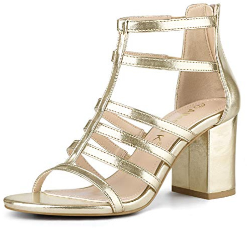 Allegra K Gabbia Strappy Gladiators Sandali da donna con tacco grosso, Oro, 37 EU