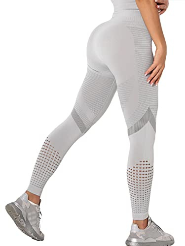 CheChury Damen Leggings Sport Fitness Yogahose High Waist Atmungsaktives Netz Yoga Hose Sporthose Leggins Fitnesshose mit Taschen
