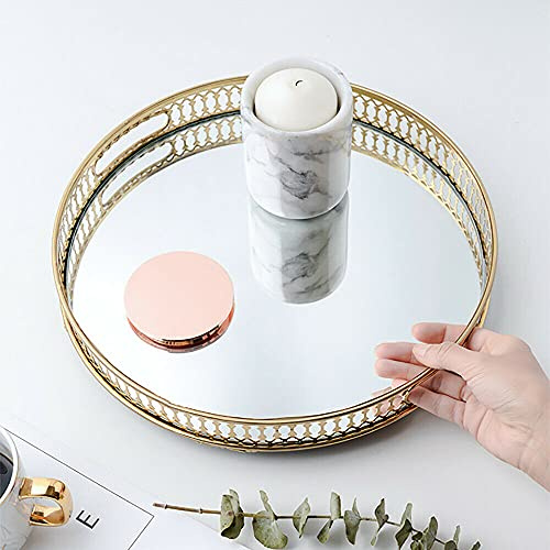 Kosmetikabricka guld, vintage spegelbricka make-up smycken arrangör speglad metall dekorativ bricka för byrå badrum (rund)