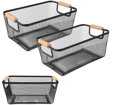 2 Pack 12 Wide Metal Mesh Baskets with Bamboo Handles for Pantry Organization | Wire Storage Bins for Kitchen, Cabinet, Fruit & Snacks | Decorative Farmhouse Style Organizer