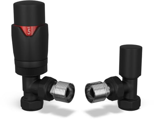 UK Radiators Thermostatic Radiator Valve (TRV) - 15mm Angled Lockshield - Textured Anthracite Grey Colour - Energy Saving 1/2 x 15mm Brass Angled Valve