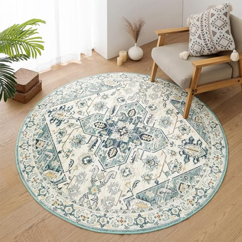 VK VK·LIVING Round Washable Rug 5'Ft Vintage Machine Washable Area Rugs with Non Slip Round Rugs for Living Room Bedroom Traditional Woven Carpet Stain Resistant Dining Office Boho Rug, Soft Sage