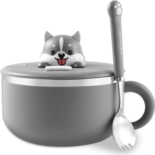 1200ml Ramen Bowl with Handle and Lid 304 Stainless Steel Soup Bowls with Spork Heat Resistant Instant Noodles Bowl Dustproof Ramen Pot Portable Noodles Cooker for Dorm Office Home