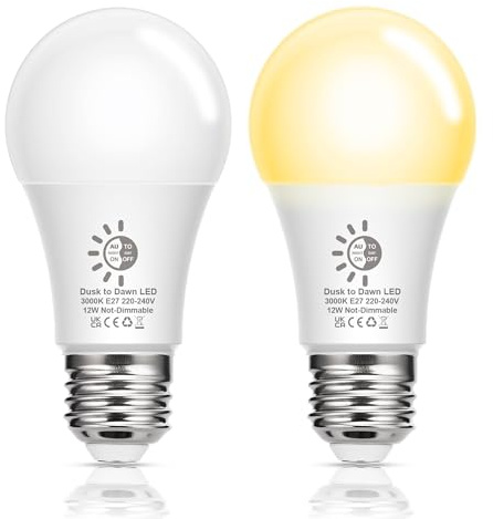 Lampadina LED E27 Sensore Crepuscolare, 12W Equivalenti a 100W, 3000K Luce Bianca Calda 1100LM Lampadine, Lampada E27 LED a Vite Risparmio Energetico Consumo Basso, Non Dimmerabile, Pacco da 2.