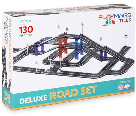 Playmags Juego De Azulejos Magnéticos Para Niños, 130 Piezas De Bloques De Construcción Magnéticos, Juguetes De Aprendizaje STEM Creativos Duraderos Con Pista De Carreras De Autos Curvada Y Recta Para