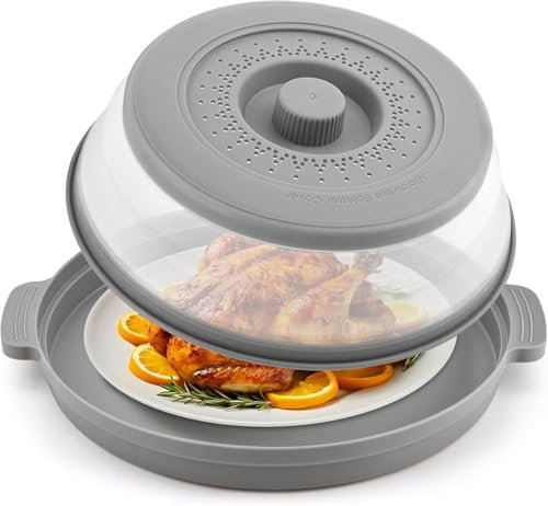10.7-Inch Microwave Splatter Guard – Foldable Food Cover with Heat-Resistant Base & Ventilated Lid, Dual-Use Plate Stand and Kitchen Strainer
