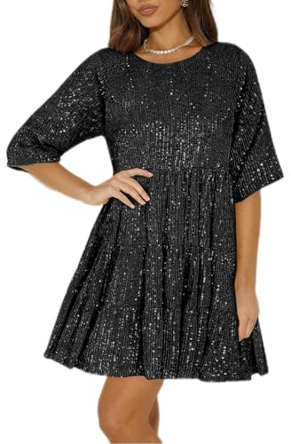 Awlsyj Robe à paillettes fantaisie années 80 pour femme - Robe de soirée - Robe de mariée - Demoiselle d'honneur - Bal de fin d'année - Fête - Robe de cocktail ample décontractée - Jupe courte, Noir