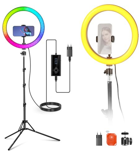 NEEWER 12 Ring Light con Stativo Compatibile con iPhone, Luce Anello LED RGB 24W con Portatelefono per Selfie Fotografia Studio Registrazione Video Trucco Ciglia Streaming, 2500-10000K CRI95+, RH12C