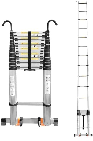 JADDUO 7.0m Teleskopleiter, A-Rahmen Klappleiter & Anlegeleiter, Mit Dreieck-Stabilisatoren & Haken, Tragbar mit Rollen, Aluminium, 150kg, Für Dachrinnenreinigung & Außenarbeiten
