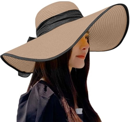 Generisch 2025 - Chapeaux de Plage pour Femmes Grand Chapeau de Paille à Large Bord Chapeau d'été Pliable Enrouleur Chapeau de Soleil Chapeau de Soleil Femme Taille 60cm, kaki, taille unique
