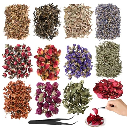 12 Beutel Getrocknete Blüten für Seife, Getrocknete Blumen Seife Herstellen mit Pinzette, Seife DIY Trockenblumen Klein Kit, Seifenherstellung Zubehör für Seifenherstellung Kerzenherstellung