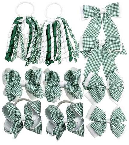 Umibow 10 Pcs Gingham School Hair Accessories Set Uniform Hair Bow Clips Back to School Checker Hair Ties Gingham Curly Hair Bows Bowknot Barrettes Ponytail Holders for Girls(Green)