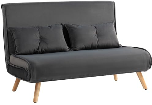 HOMCOM Schlafsofa 3 in 1 2 Sitzer mit Schlaffunktion, Klappbare Couch Schlafcouch 190 x 120 cm, 5-Fach verstellbare Rückenlehne, Lendenkissen, Samtoptik, für Wohnzimmer, Dunkelgrau