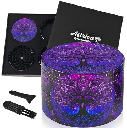 Grinder Herb Large, 63mm, 4 Piece Purple Grinder with 40 Sharp Shark Teeth, Cool Fantasy Metal Grinders for Kitchen Spice & Herbal Tea, Gift Set for Boyfriend & Girlfriend, Man & Women(Tree of Life)