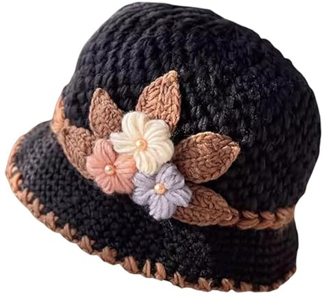 Muorruo French Thicken Mujeres Flores Sombrero de Punto Elegante Gorro de Dama Sombrero de Cubo de Ganchillo para el Invierno, Sombrero Vintage de Flores Ganchillo Sombrero Hueco Sombrero de