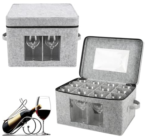 ANTREATU 2 Pack Felt Wine Glass Storage Box with Dividers - Holds 12 Glasses, PVC View Window & Handles Hard Shell Stackable Stemware Container Cases for Moving Crystal Glassware Protection